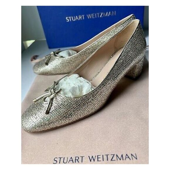 STUART WEITZMAN Womens Beige Glitter Gabby Round Toe Block Heel Slip On Pumps 6